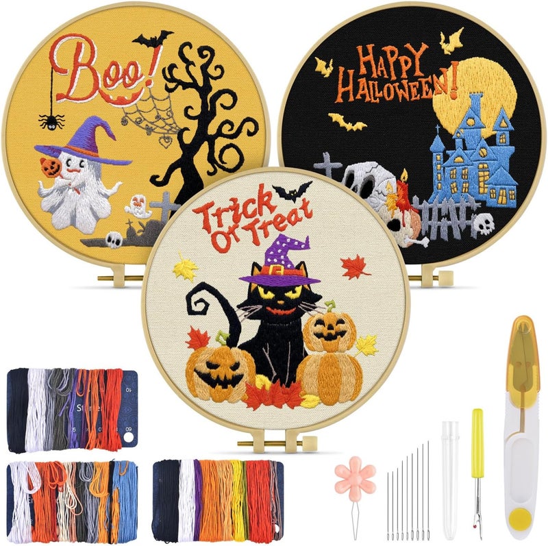 TINDTOP Halloween Embroidery Kit for Adult Beginners, 3 Sets Embroidery Stitch Practice kit Include Embroidery Cloth Hoops Threads for Craft Lover Hand Stitch - Image 1